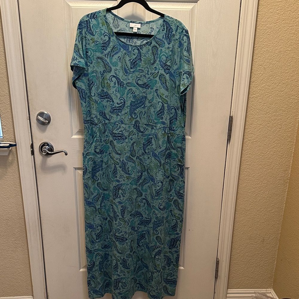 J. Jill Blue & Green Paisley Knit Maxi Dress Large Coastal Beach Pockets